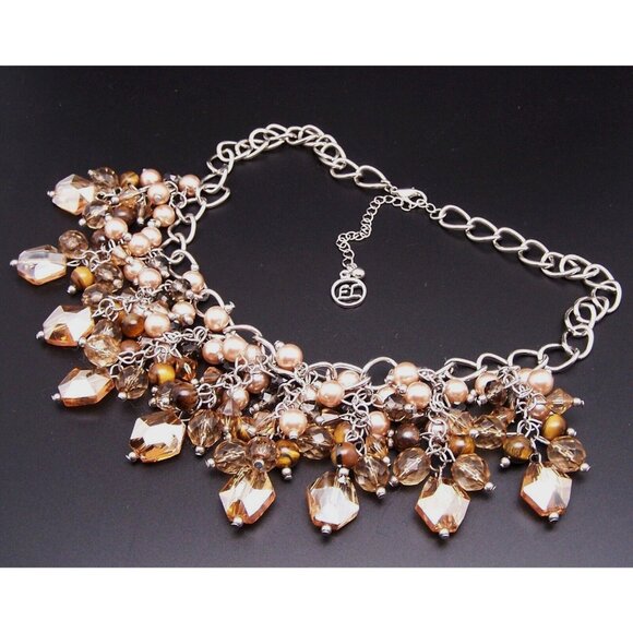 EL Erica Lyons Brown Faceted Glass Beads Necklace Faux Pearls Silver Tone Adjust - Picture 1 of 6
